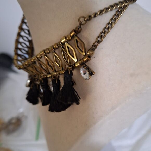 A Women's Choker Collar Necklace Egyptian Tassel Rhinestone Steampunk Gold Tone - Picture 2 of 11